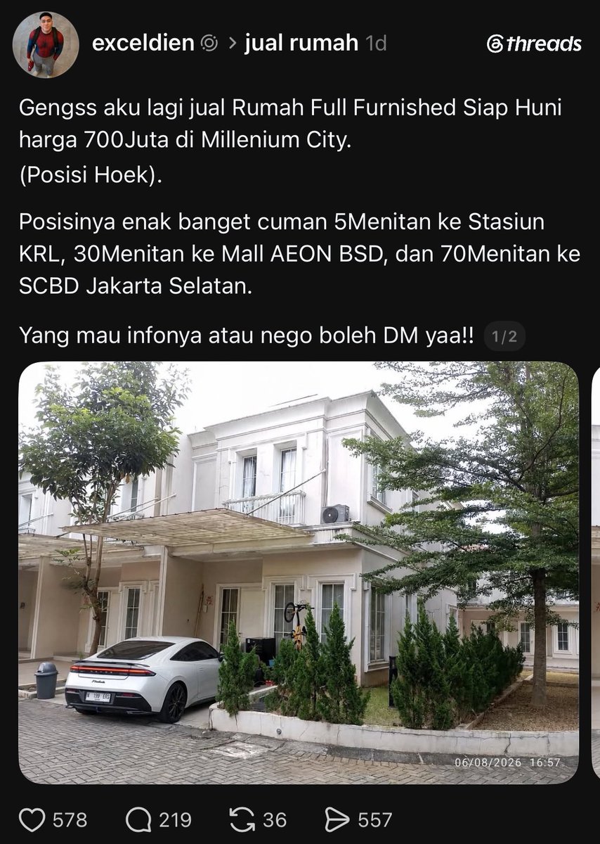 hanifproduktif's tweet photo. Lihat iklan orang jualan rumah di Threads: Wah bagus rumahnya.. Keren juga mobilnya Honda Prelude 

Pas lihat plat mobilnya: Hol’ up……… https://t.co/68RBcLYUHl