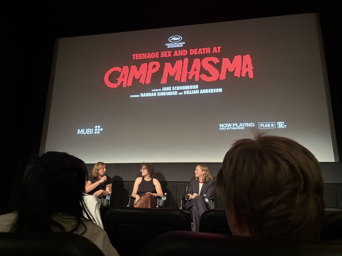 Jordan_Hudec's tweet photo. “Teenage Sex and Death at Camp Miasma” embraces the slasher tropes of tripping in the woods and skinny dipping while exploring sexuality and gender. These tropes are broken open and examined. Hannah Einbinder and Gillian Anderson’s chemistry simmers as they begin working on a reboot. Einbinder delivers some of her best work yet as a writer breaking free of shame. 

The love for Cinema is expertly used to highlight people that are investigating, or avoiding, pieces of themselves. The art they watch can be a catalyst for who or what they wish to become. Fear and desire walk together constantly and the film captures that duality with flare. I got to tell Jane it was fantastic as I left the theater and for that, I am grateful. I hope to work with artists as bold and passionate as they all are someday. Can’t wait to rewatch during a snow storm with some candy.