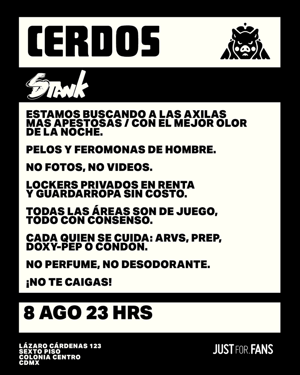 cerdosmx's tweet photo. 🐽 Esta noche: pelos, sudor y olor a hombre.
🚫 PERFUME 🚫 DESODORANTE
CERDOS x @STANKPARTYSF 
🎟️ Últimas preventas + lockers aquí: https://t.co/7SVvpEm6eT https://t.co/gUdf3z8lBP
