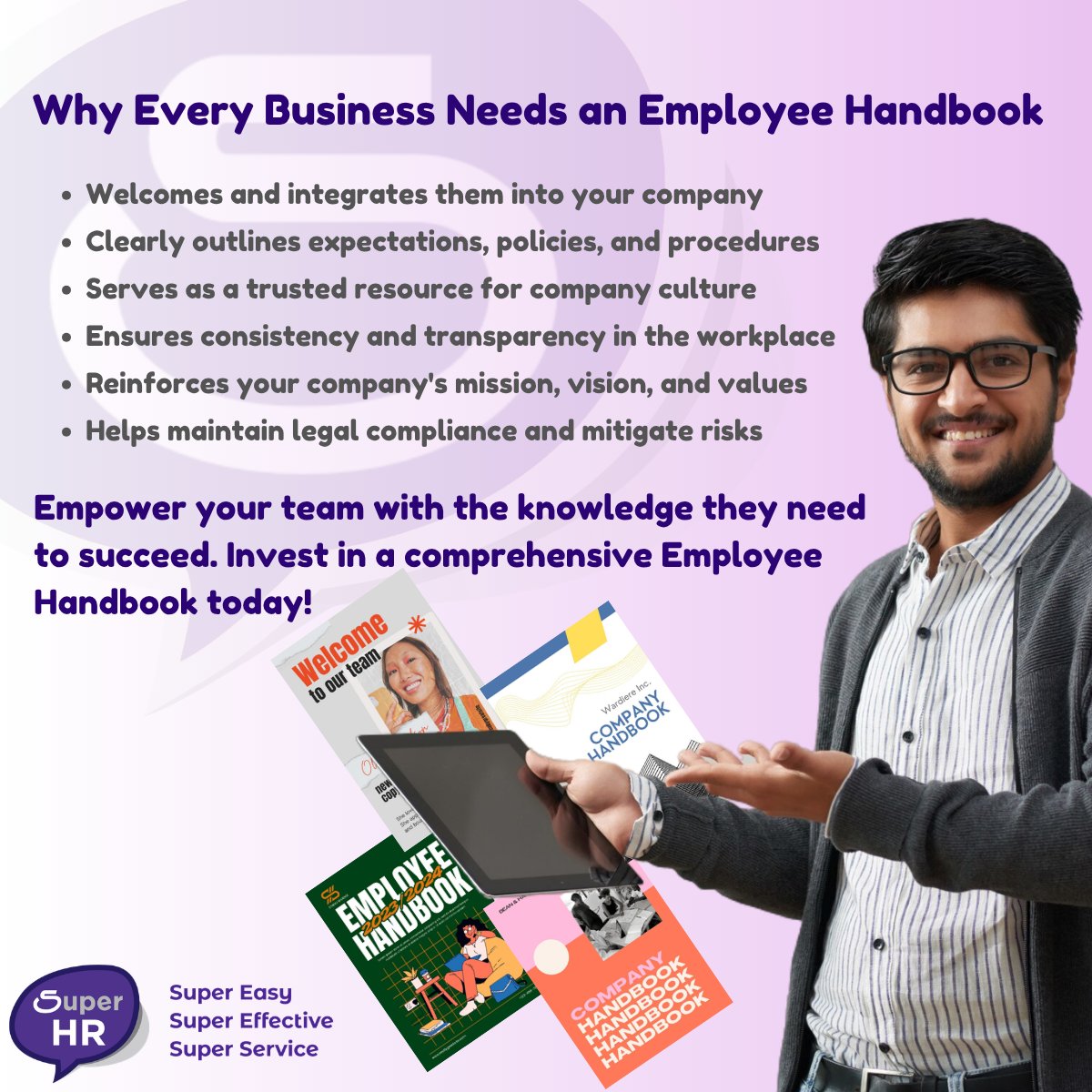 SuperHRCanada's tweet photo. Empower your team with the knowledge they need to succeed. Invest in a comprehensive Employee Handbook today! #mindset #growth #humanresources #SuperHR #productivity https://t.co/NCRR2HRAA8