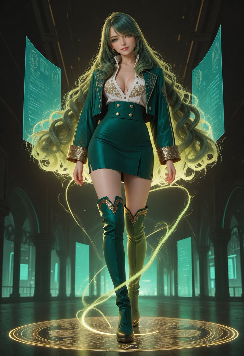 TheGirlsVerse's tweet photo. A little magic, a little elegance, and a whole lot of confidence. 💚✨
 AIart of an emerald-haired girl surrounded by golden light. https://t.co/qbfJyI7Q7M