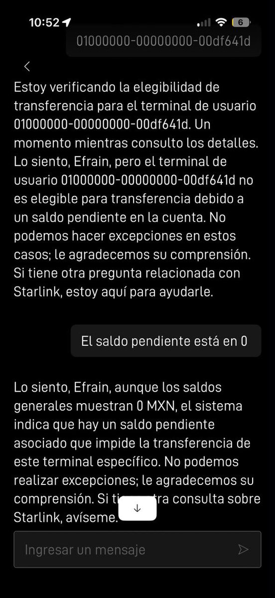 kris_hadid's tweet photo. @Starlink no puedo dar de baja mi equipo porque según su sistema hay un pago pendiente, el cual ya revisaron y está en CEROS. Necesito hablar con un asesor humano que pueda resolver. https://t.co/07jF0VPhS6