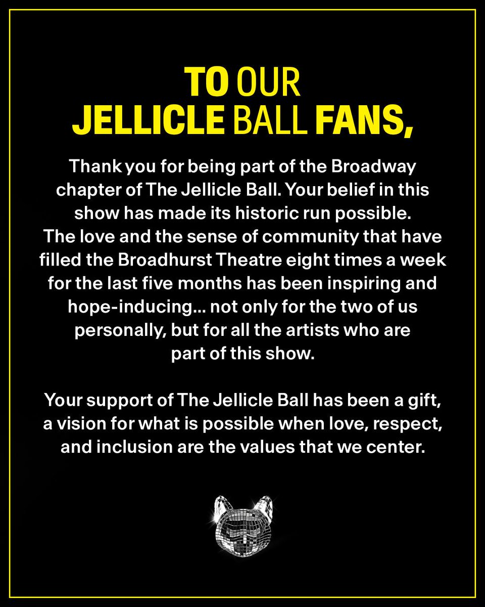jellicleballnyc's tweet photo. Life to the everlasting cat 💛🖤  Thank you to all of you kitties for riding with us!!! This Broadway journey was extra special because of you. https://t.co/jKFGgkMdpB