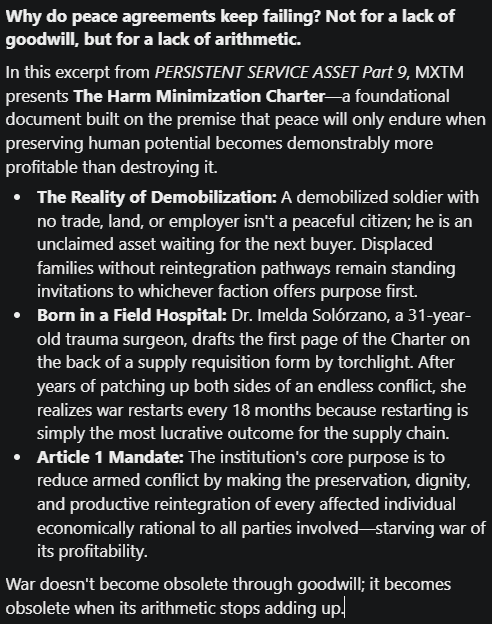 pirate_first's tweet photo. Nobody has ever tried making peace the more profitable war... #PERSISTENTSERVICEASSET #9 4min Excerpt #PirateFirst #HardSciFi #Worldbuilding #PostScarcity #MXTM #Sovereign #FreePodcast #REDEEMR #REDEEMRConsortium #Futurism #Biotech #SystemicGovernance #Transhumanism #Geopolitics https://t.co/0iE6ulVp9r