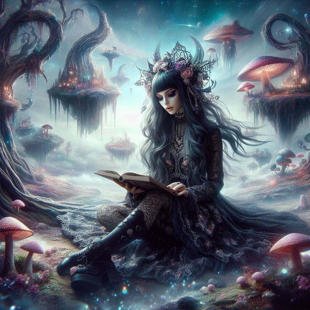 Petee247's tweet photo. She reads between worlds, where shadows whispered and stars remembered her name #aiart #gothart #gothillussion https://t.co/dbn2sPlRVV