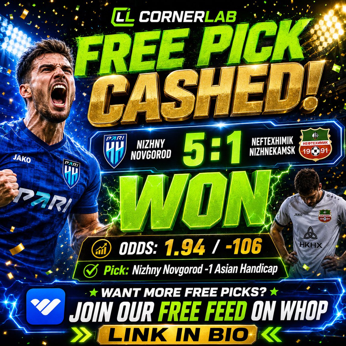 CornerLabSEV's tweet photo. 🔥 FREE PICK CASHED IN STYLE

What a hit for the CornerLab Free Feed 💚

⚽ Football - Russia, First League

Nizhny Novgorod vs Neftekhimik Nizhnekamsk

✅ Pick: Nizhny Novgorod -1 Asian Handicap
📈 Odds: 1.94 / -106
🔥 Final score: 5-1

Absolute destruction.

We backed Nizhny to win with authority, and they delivered exactly that.

Not a narrow sweat.
Not a late push.
A full-blown demolition job.

Five goals scored, one conceded, and the Free Pick lands with room to spare ✅

That is another strong reminder of what the CornerLab Free Feed can do.

Real picks.
Real prices.
Real results.

And the best part is that it is completely free.

If you want more daily Free Picks across football, baseball and other sports, join our Free Feed on Whop right now.

🔗 LINK IN BIO

#FreePicks #FootballPicks #SportsPicks #BettingTips #CornerLab