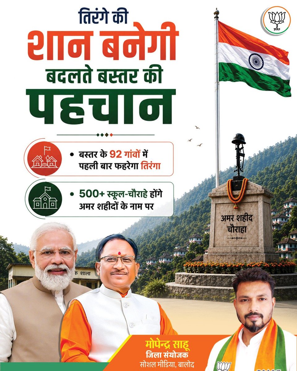 MonuMopendra's tweet photo. तिरंगे की शान बनेगी, बदलते बस्तर की पहचान।

#HarGharTiranga
#हर_घर_तिरंगा
#BJP4CGState https://t.co/XekimkiC5T