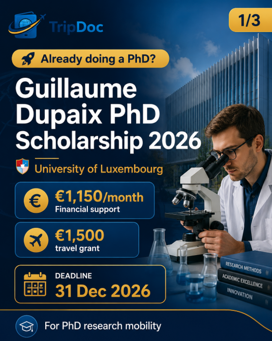 Triip_Doc's tweet photo. Already doing a PhD? The University of Luxembourg currently lists a funded research mobility opportunity offering approximately €1,150/month plus a €1,500 travel grant.

⚠️ But this is NOT a full PhD scholarship, and only selected nationalities are currently listed as eligible.

Deadline: 31 December 2026.

Check the full eligibility before applying.

🔗 https://t.co/sRR6grrhfH

#PhDScholarship #PhDStudents #Luxembourg #StudyAbroad #ResearchAbroad #Scholarship2026 #InternationalStudents #TripDoc