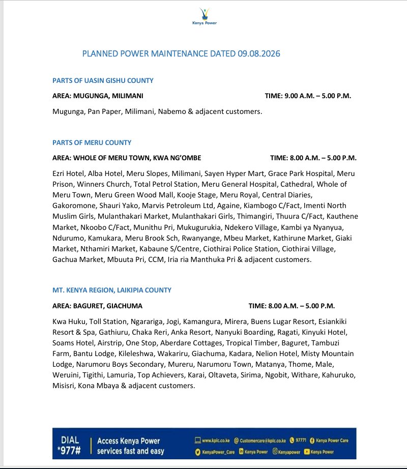 KenyaPower_Care's tweet photo. Good evening. The listed areas will be under planned power interruption dated 09.08.2026. ^BK. https://t.co/McE0RlKCmj