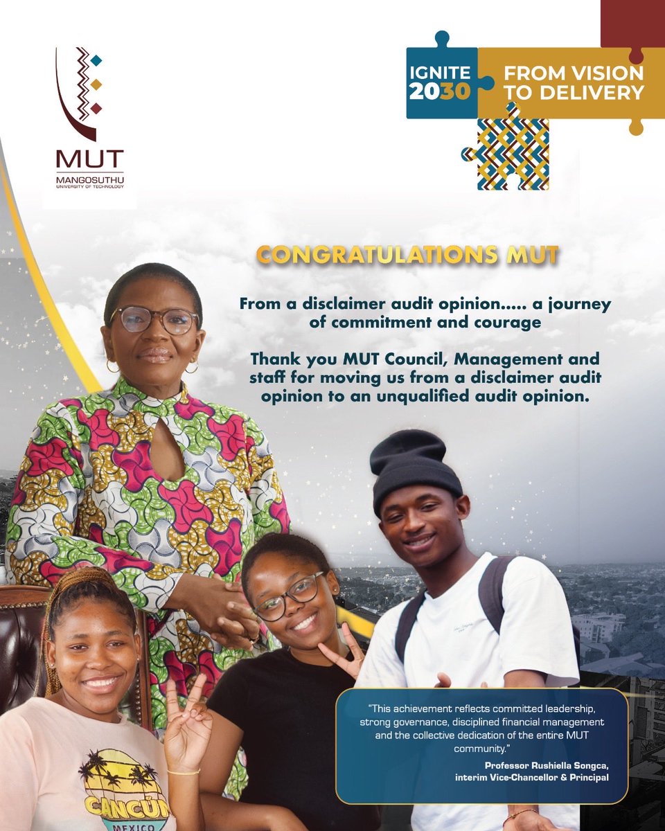 MUTCampus's tweet photo. 🎉 We Did It, MUT!

An Unqualified Audit Opinion is more than an achievement — it is a reflection of commitment, accountability and continuous improvement.

Celebrating a milestone that belongs to the entire MUT community. 💙🏆

#MUTUnqualifiedAudit #GoodGovernance #IGNITE2030 #MyMUT #ProudlyMUT