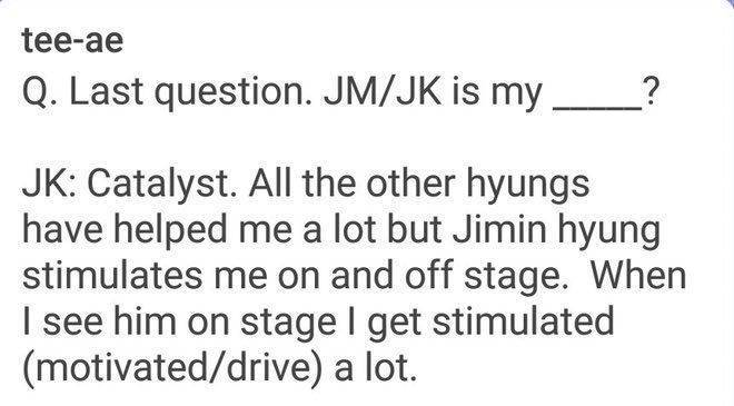 formingukkie's tweet photo. "Jimin é meu...?

JK: catalisador. Todos os outros hyungs me ajudam muito, mas Jimin hyung me estimula dentro e fora do palco. Quando o vejo no palco, fico muito estimulado.” https://t.co/h1LZJFBYGD