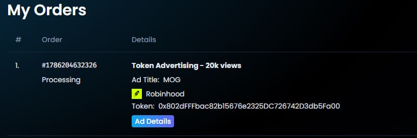 MoginhoodRH's tweet photo. $MOG is stepping into the spotlight. 👀

Our 20,000-view Dexscreener ad campaign is now processing.

More visibility. More eyes. More MOG.

#MOG #Moginhood #Robinhood https://t.co/2KtND5iIuI