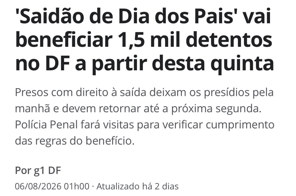 Maxcardoso's tweet photo. Enquanto Bolsonaro não pode ver os próprios filhos no dia dos pais, 1500 presos - só no DF - foram liberados na QUINTA-FEIRA para irem às suas casas e voltarem apenas na SEGUNDA-FEIRA.
Nenhum deles tem restrições para receber visitas, nem limite máximo de horas que as visitas podem ocorrer em suas casas.
O que estão fazendo com Bolsonaro é tortura.