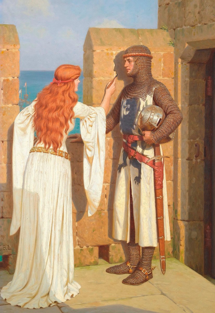 JamesLucasIT's tweet photo. You have probably seen this painting online. A knight in armor stands against a wall while the woman who loves him traces his shadow onto the stone. 

What she is doing in these last few minutes is, according to legend, the very reason art exists at all…

The painting is The Shadow, made in 1909 by the English artist Edmund Blair Leighton. The knight stands in full chain mail, still, letting her work. Below the castle, a ship waits in the harbor. He is leaving for war, and they both know what that means: he may never come back.

And so, in the time they have left, she traces the outline of the shadow he casts on the wall. When he is gone, the shadow will vanish with him. But the line she draws will stay. It is the only thing she can keep, the shape of him held in place after the man himself has sailed away.

Leighton was retelling one of the oldest stories the Western world ever told about itself. The Roman writer Pliny the Elder recorded it in the first century: a young woman of Corinth whose lover was leaving traced the outline of his shadow, thrown by lamplight onto the wall, so she would still have his likeness when he was gone. According to that ancient account, this was the origin of drawing itself. Her father, a potter named Butades, is said to have pressed clay into the outline and fired it, and so, in the same story, sculpture was born too.

And this is what the old legend means: pictures were not invented to decorate or to impress, but out of the oldest ache there is, the need to hold on to someone we cannot keep. The Romans made wax likenesses of their dead so a face would never vanish from the world. To make an image of someone has always meant, in some way, to fight against losing them...

The woman in this painting is doing what every photo on your phone is secretly doing, what every portrait in every museum has always done, saying the same three things without words: stay, let me keep this, let me keep you. Nearly every image ever made is, at heart, an act of love against loss. And this painting shows the very moment that impulse was born, and the reason it has never stopped mattering since…