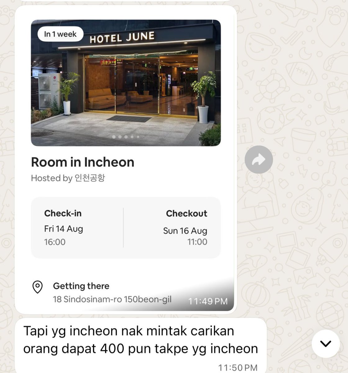 deartime__'s tweet photo. Hi ada tak yang nak hotel area incheon for youngest? 

Kawan nak letgo for RM400 (2 nights)

Check in: 14/8
Check out: 16/8

Couldn’t make it and non refund 😔💔

[NAVER Maps]
HOTEL JUNE
Incheon Yeongjong-gu Unseo-dong 2805-2
https://t.co/C47bzftBBa https://t.co/Ky0vRTazpD