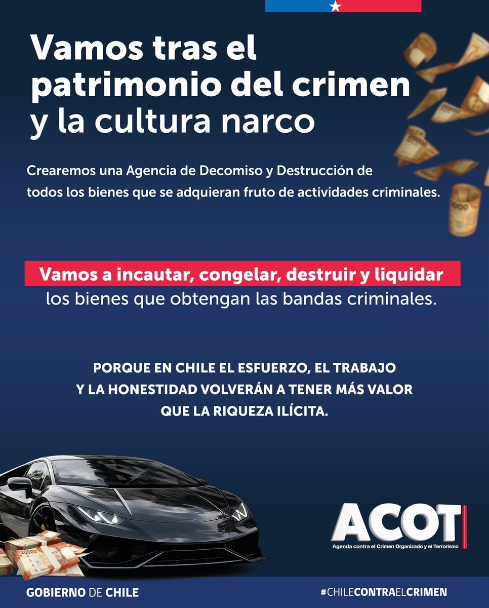 JoseMezaPereira's tweet photo. Con la ACOT se impulsaron nuevas herramientas para identificar y desarticular organizaciones criminales:  

🔴 Perseguir su patrimonio.
🔴 Endurecer las consecuencias para quienes las integran.
🔴 Evitar el reclutamiento de menores.
🔴 Fortalecer la investigación y persecución penal.

Vamos a perseguir a las bandas, desarticular sus estructuras, quitarles los bienes obtenidos con el delito y llevar a sus integrantes ante la justicia. #ChileContraElCrimen