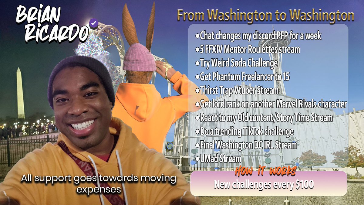 brianricardos's tweet photo. Hey all! I am finally ready to announce that I will be moving Sep 1st! From Washington DC to Washington State. It's been very hard living in this area the past few years, between my mom passing, missing opportunities and more. All support this month will be for moving expenses. https://t.co/V7LUjEheEp