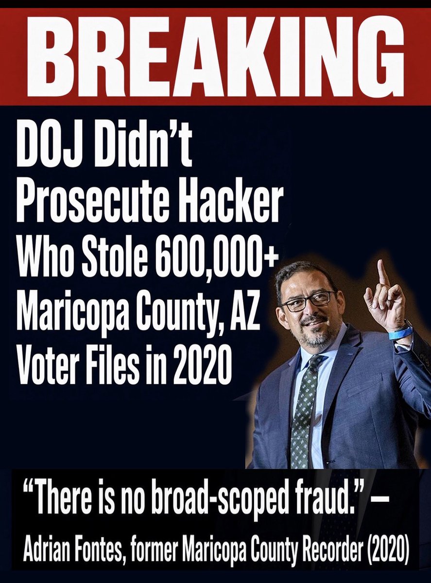 azgop_ld4's tweet photo. A hacker scraped 633,000 Maricopa County voter registration files right before the 2020 election, including sensitive data on domestic violence victims, judges, and law enforcement. 

The FBI got a confession. Yet Biden’s DOJ and Arizona prosecutors all refused to charge him.

Meanwhile, @AZSecretary Adrian Fontes (then Maricopa Recorder) insisted: “There is no broad-scoped fraud.”

Accountability isn’t optional. Arizona voters deserve better. Vote @realAlexKolodin for Secretary of State