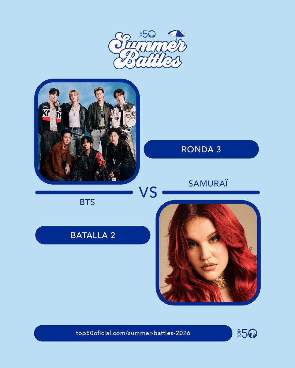 Top50Oficial's tweet photo. TOP 50 SUMMER BATTLES 2026
RONDA 3 ☀︎ BATALLA 2

🏖️ @BTS_twt VS @samurai_fm_ 🏖️

— Vota por tus favoritos hasta el 21 de agosto a las 12h para que pasen a la RONDA 4 aquí: https://t.co/6RMmA7iIuY https://t.co/fcrBcTFuiD