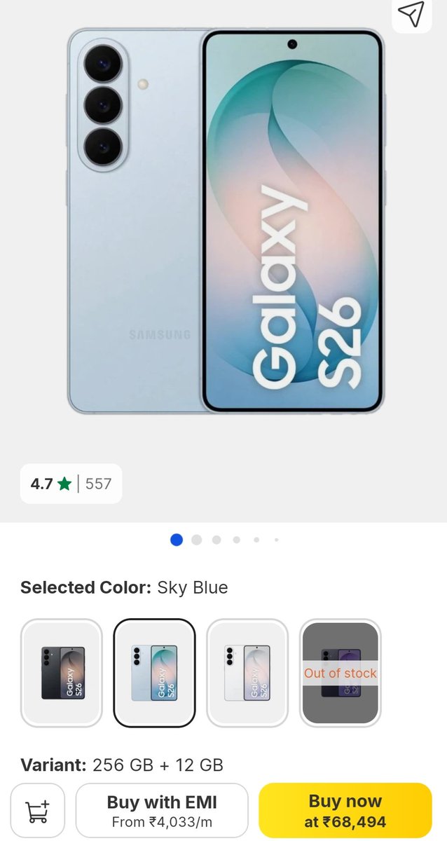 ManiBarani005's tweet photo. Samsung S26 5G Rs 69000
Add Bank offer 5k Instant Discount
#flipkart #Freedomsale https://t.co/casuWalZcx