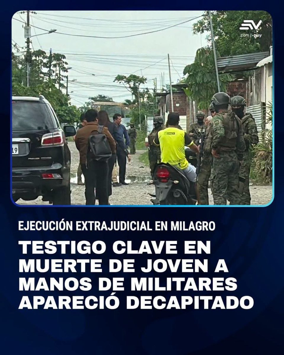 Huaira_Runa's tweet photo. En resumen los #MilitaresEcuatorianos lo volvieron hacer, asesinaron a #Ledesma y a #Moreira.

Hallan decapitado al testigo clave en el caso contra #SIETEMilitares por la muerte de un joven en #Milagro

#YelibertMoreira, de 28 años, apareció d3capitado en una vía cerca de #Yaguachi, en #Guayas. Él era uno de los testigos clave en el caso contra siete militares por presunta tortura y ejecución extrajudicial de #BryanLedesma. #Moreira había estado con #Ledesma el 16 de marzo de 2026, cuando un #Grupo de #Militares los detuvieron y supuestamente los golpearon y torturaron. De acuerdo con las investigaciones y la versión de Fiscalía en la audiencia de formulación de cargos, los uniformados habrían golpeado a ambos jóvenes.Bryan habría sido golpeado con un fusil en las costillas, sometido en el piso con un tronco y recibió descargas eléctricas en la lengua con un cable de alta tensión que había en el sector de la La Chontilla, del cantón Milagro. En redes sociales circularon videos del joven siendo trasladado por los militares en una camioneta hasta el hospital del Seguro donde los médicos confirmaron su muerte, golpes y laceraciones.
En ese hecho, Moreira iba con Bryan y también sufrió golpes y otras lesiones. Él detalló los hechos e incluso rindió su versión anticipada. Estuvo unas semanas hospitalizado por la agresión y firmó la acusación particular contra los militares involucrados. De hecho, solo dos de los siete uniformados están con prisión preventiva.
Hasta el momento, no hay mayores detalles del asesinato de Moreira.
#EbiCamacho