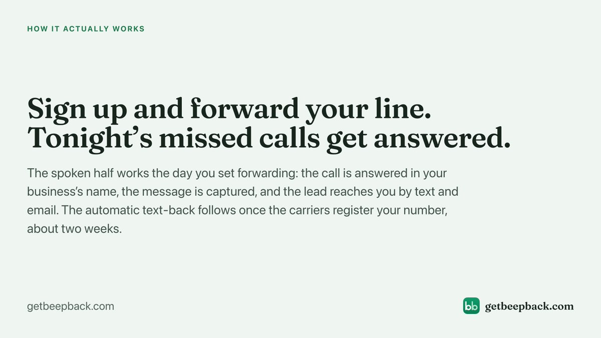 getbeepback's tweet photo. Sign up and forward your line, and tonight’s missed calls get answered in your business’s name, with the lead reaching you by text and email.

Live immediately with voice, and the automatic text-back follows once the carriers register your number. https://t.co/2r5TMIwivN