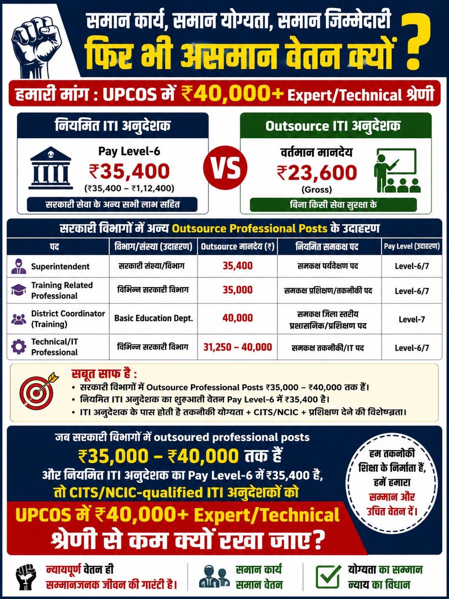 UPOSKUnion's tweet photo. “जब सरकारी विभागों में outsourced professional posts ₹35,000–₹40,000 तक हैं और नियमित ITI अनुदेशक का Pay Level-6 ₹35,400 है, तो CITS/NCIC-qualified ITI अनुदेशकों को UPCOS में ₹40,000+ Expert/Technical श्रेणी से कम क्यों रखा जाए?”@myogiadityanath  @upcos @KAPILDEVAGARWA1 https://t.co/BolZEHuln9