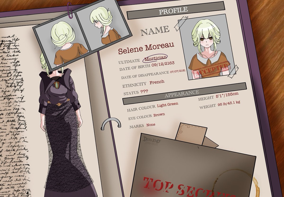 DeadEnd_SM's tweet photo. SUBJECT 5/16  Ultimate Mortician-Selene Moreau
  
Another ultimate for our Danganrompa inspired fan game!
 
Be sure to follow more updates and reveals are coming soon!
    
#Danganronpa #DRFanGame #GameDev #CharacterDesign #IndieDev #VisualNovel https://t.co/0VufLdvsBn