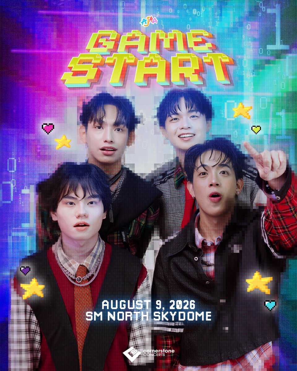 AJAAofc's tweet photo. 👾 [GAME DAY] IT'S TIME FOR GAME START! 🕹️

HANIES, THE DAY IS FINALLY HERE! 🚨🎉 The servers are officially open, the waiting room is packed, and the final countdown is down to zero! Today, we step into the arena together for GAME START! 💥⚡

The gates open soon—get your fits locked in, raise those lightsticks high, and let’s make some noise!

Game Start: The First Concert
🗓️ August 9, 2026
📍 Skydome, SM North EDSA

#AJAA #AJAAGameStart
#AJAAFirstConcert #CornerstoneConcerts