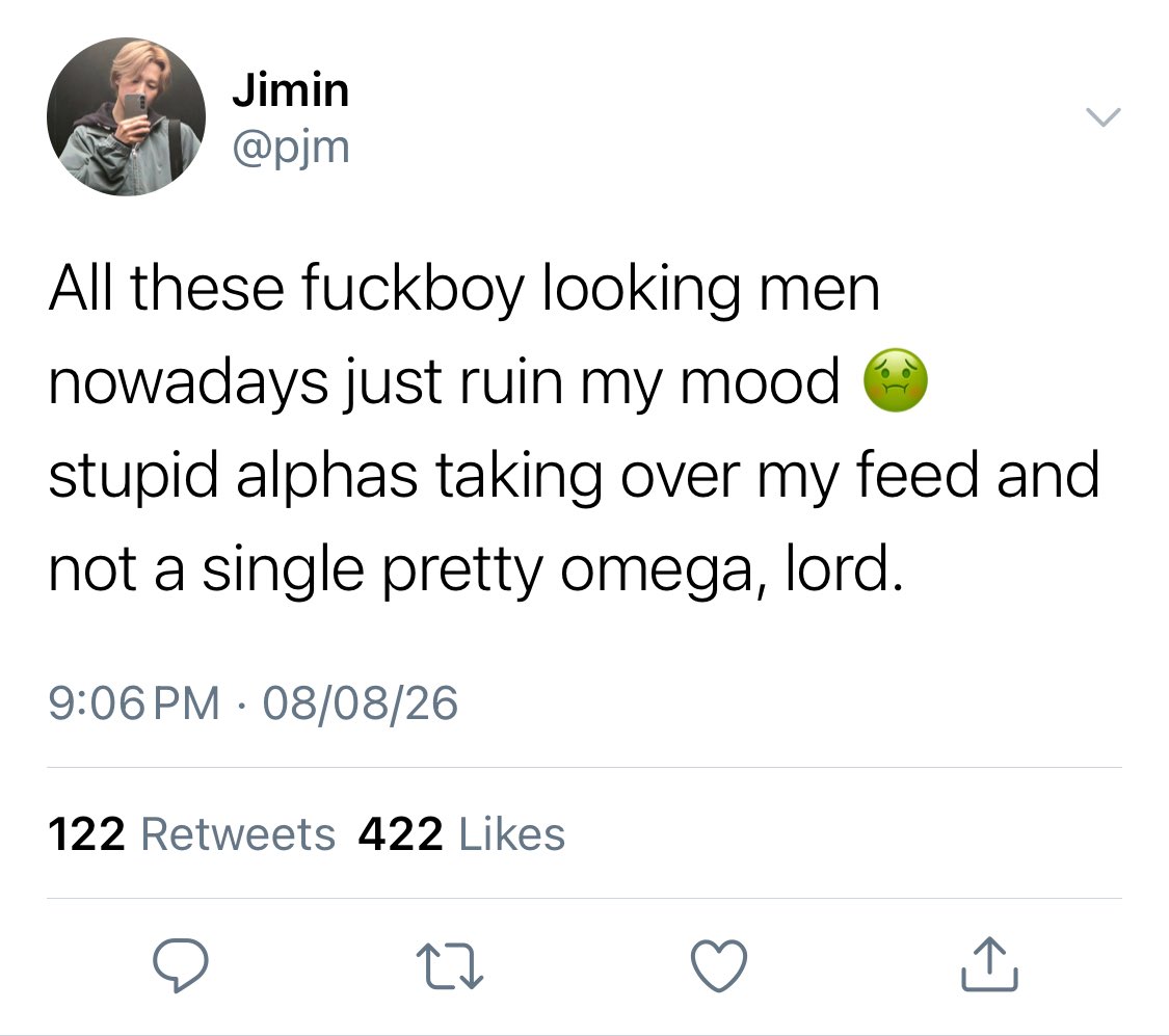 glamtopjm's tweet photo. « Swiped » — #jikookau 

Jimin misses the flight to Paris for his best friend’s wedding, and he is left to wait at the airport for his next flight, and look up pretty omegas. O!jk just so happens to sit behind him when he sees the the alpha rejecting him on app. https://t.co/8JwxRSCxh0