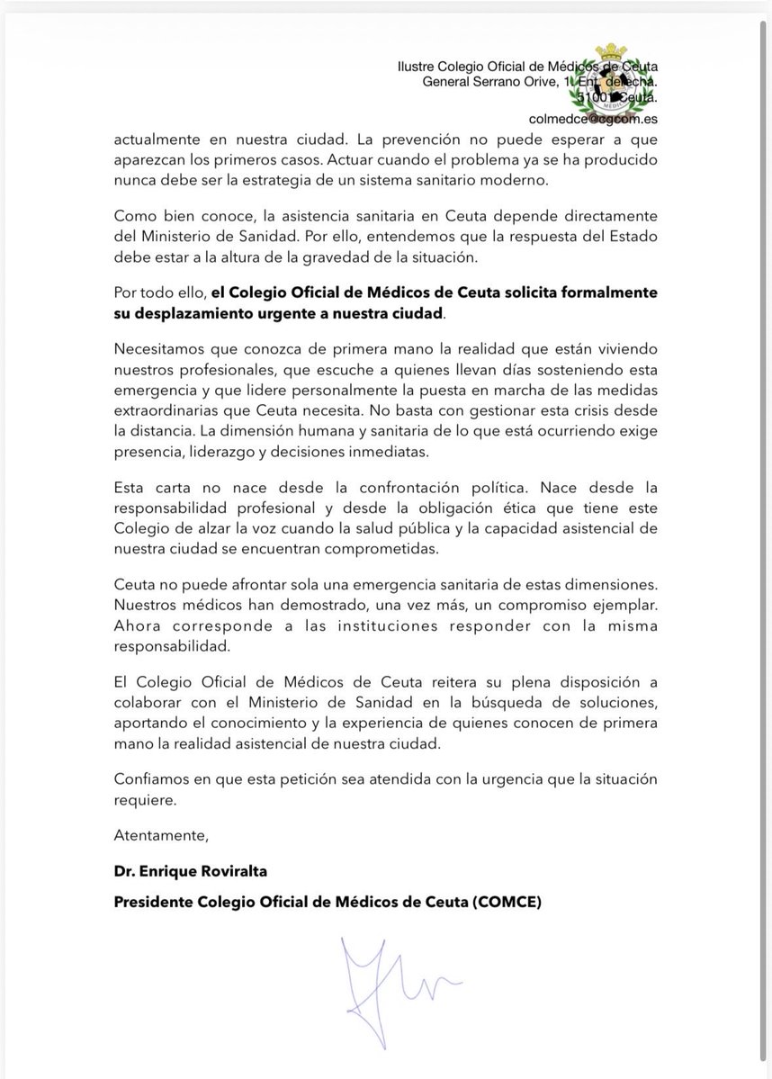 hermanntertsch's tweet photo. Para hacerse una idea de la catadura del gobierno criminal de Sánchez, lean la carta con la desesperada petición de auxilio del Colegio de Médicos de Ceuta ante la catastrófica situación que ocultan las mentiras oficiales y que advierte contra la posibilidad de inminentes brotes de enfermedades contagiosas en la ciudad. Pide encarecidamente que la ministra acuda a Ceuta para ver lo que está deliberadamente ignorando.  Cuando gobiernan criminales los crímenes contra los inocentes se suceden.