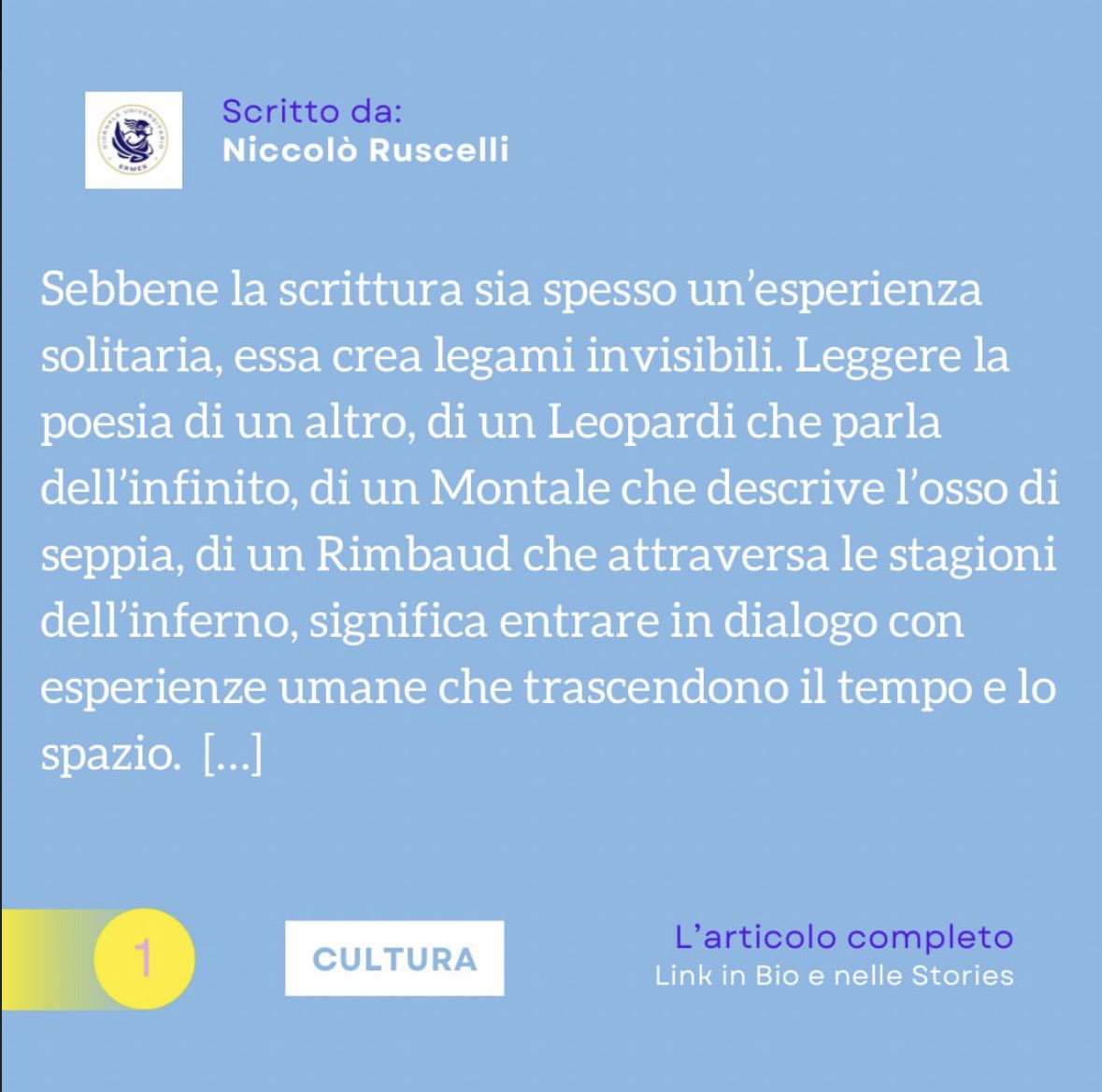 RuscelliNiccolo's tweet photo. “Camus aveva già intuito, nella sua riflessione sull’assurdo, che l’uomo si trova a confrontarsi con un universo muto, e che la sola risposta degna non è la fuga nell’illusione, ma la creazione di senso attraverso l’atto stesso.”

“La poesia serve ancora a qualcosa? La risposta è Sì” Nuovo mio Articolo filosofico 

https://t.co/Sa1WroE3ni