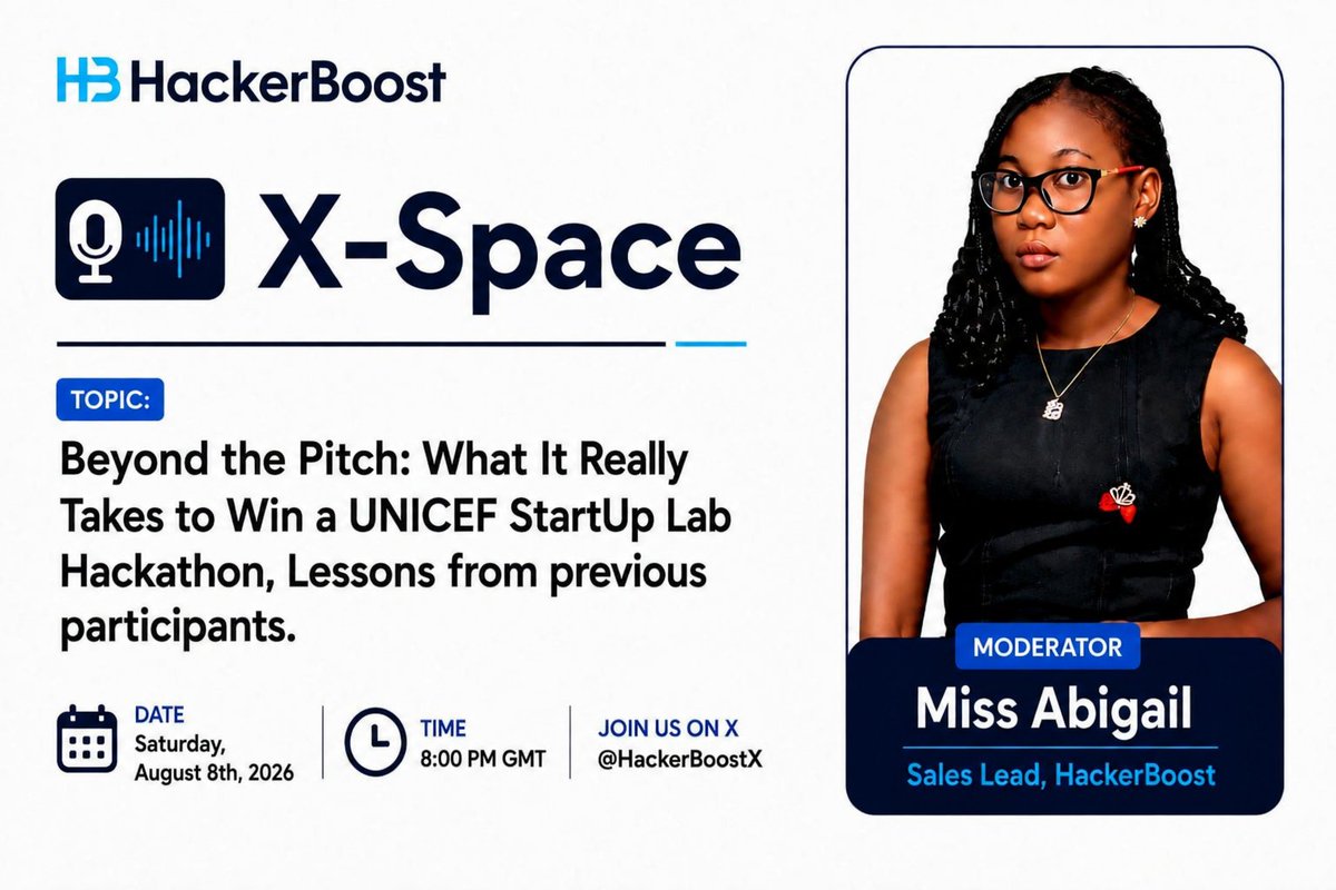 HackerBoostX's tweet photo. HackerBoost X Space: "Beyond the Pitch – What It Really Takes to Win a UNICEF StartUp Lab Hackathon"

🎙️ Moderated by Miss Abigail, Sales Lead @ HackerBoost
🗓️ Sat, Aug 8th | 🕗 8:00 PM GMT

 🔗 
https://t.co/cNZis2XYSO

#HackerBoost #AIForGood #UNICEF https://t.co/6RU0pHbTPX