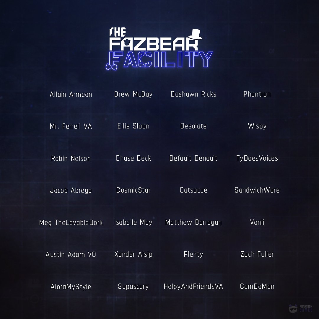 PhantronGames's tweet photo. 🎉Happy #FNaF Anniversary! 🎉

To celebrate, I wanted to share our full cast for #TheFazbearFacility! You might recognize some people here ;) https://t.co/BdxihVPtUK