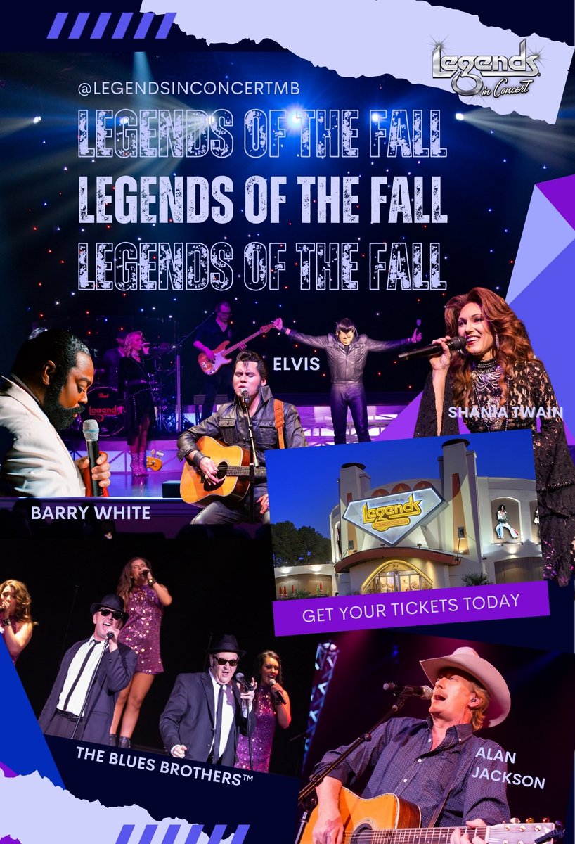 LegendsConcert's tweet photo. 🍂✨ LEGENDS OF THE FALL ARE COMING. ✨🍂

A new season. A new lineup. A whole new reason to experience the magic of live entertainment in Myrtle Beach.

LEGENDS OF THE FALL takes over @LEGENDS_MBSC 
📅 September 9 – October 30

Get ready for legendary music, incredible performances, the best band in the biz, and a fall lineup built to keep you singing all night long. 🎤🔥

Celebrating the music of Shania Twain, The Blues Brothers™️, Alan Jackson, Barry White, & Elvis 
🍁 LEGENDS OF THE FALL
📅 September 9 – October 30

#LegendsOfTheFall #LegendsInConcert #MyrtleBeach #BroadwayAtTheBeach #LiveEntertainment