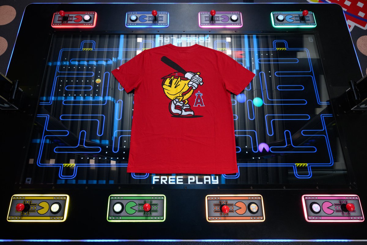 Angels's tweet photo. Level Up your Angels gear with our new @officialpacman merch, coming exclusively to Angel Stadium starting this Monday, August 10th! 🕹️

Visit the main team store or the shop located near the Level Up arcade in the right field pavilion (Section 240) to shop the collection! https://t.co/8wLM1httsH