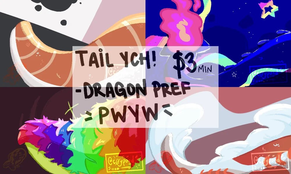 c0ypond's tweet photo. tail banner ych! $3 minimum !
i can use a different sized canvas to perfectly fit any social media banner for an additional 50 cents!
comment or dm me to order!

#commission #furry #tailcommission #tail #dragon #furrycommission #commissionopen https://t.co/yLiiKytxcf
