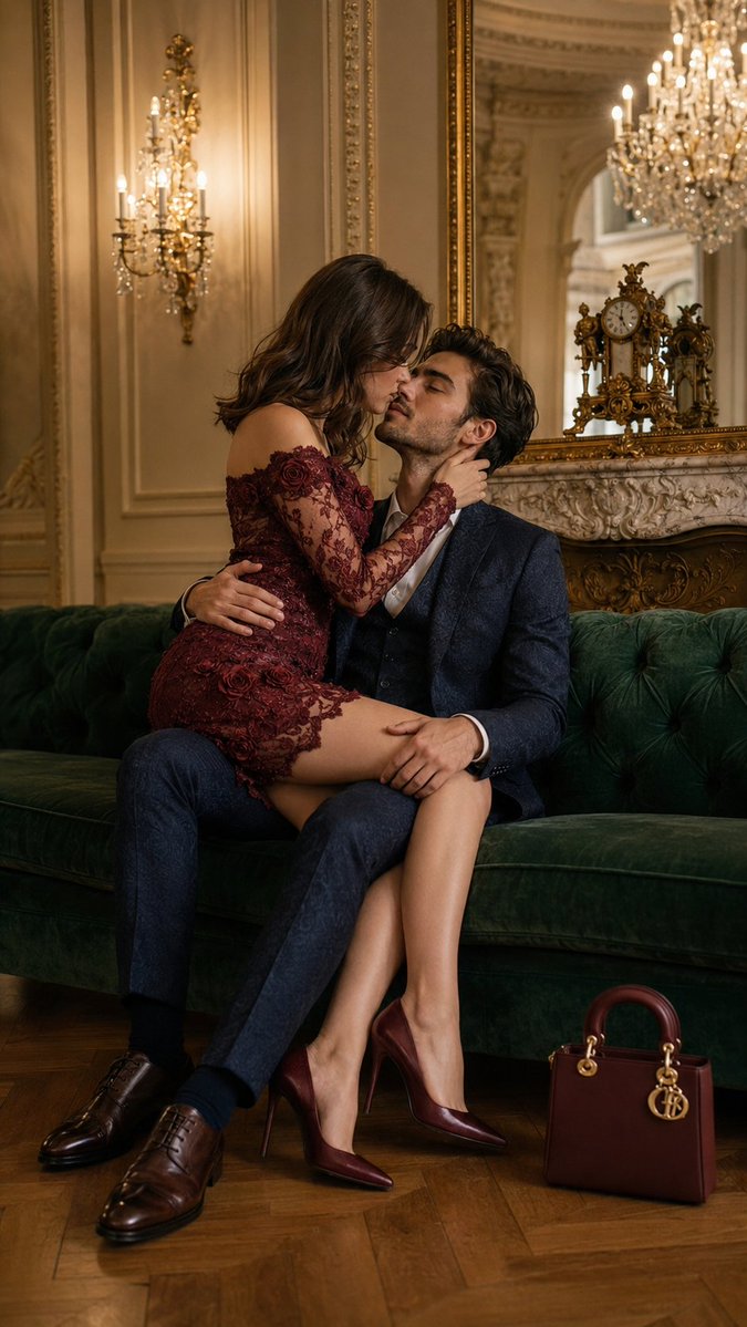 gemini_prompts's tweet photo. Trend 757
French aristocratic aesthetic couple 👩🏻‍❤️‍👨🏻♥️

Prompt 1:
"Use the uploaded reference image as the only identity source for both subjects.
Create an ultra-realistic luxury cinematic romantic fashion portrait of a couple, seated together on a deep emerald-green velvet sofa inside an elegant classical European-style interior.
The man sits slightly right of center, leaning back into the sofa and looking upward toward the woman. He wears a dark navy patterned three-piece suit with a white dress shirt, matching trousers, and polished dark-brown dress shoes. One arm supports the woman around her back/waist while his other hand rests naturally on her thigh/knee.
The woman is seated sideways on his lap, facing him. Her body lies diagonally across his lap exactly as shown in the reference. One leg crosses over his lap while the other extends naturally toward the floor. She wears deep burgundy-red heels and a short fitted burgundy lace cocktail dress with intricate floral lace, dimensional rose appliqués, long sheer lace sleeves, and an elegant off-shoulder neckline.
Her long dark-brown hair falls naturally over her shoulders and back. She leans forward toward the man, one hand gently around the side/back of his neck and the other arm naturally embracing him. Their faces are extremely close as they share a gentle romantic kiss, with her upper body leaning over him and his head tilted slightly upward toward her.
The setting is an opulent classical interior with cream-white decorative wall paneling, ornate crown molding, a large antique gold-framed mirror, an elaborate marble fireplace with gilded carved detailing, crystal chandeliers, glowing wall sconces, and an antique decorative clock on the mantel. The mirror reflects the chandelier and surrounding architecture.
A polished herringbone wooden floor is visible beneath the sofa. In the lower-right foreground, place a small deep-burgundy structured handbag with gold hardware and decorative charms, matching its reference position.
Use warm cinematic illumination from the chandeliers and wall sconces, producing golden highlights, realistic shadows, rich emerald and burgundy tones, subtle floor reflections, and dimensional light across both subjects. Maintain an elegant luxury-editorial atmosphere.
Ultra-realistic skin texture, individual hair strands, anatomically correct hands and fingers, realistic lace and embroidery, detailed velvet texture, natural fabric folds, realistic jewelry and shoe reflections, accurate anatomy, cinematic depth of field, sophisticated color grading, premium high-fashion editorial photography, DSLR realism, HDR, photorealistic, 8K, vertical 9:16 composition."