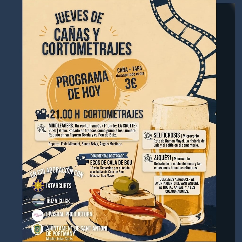IbizaClick's tweet photo. La Mostra Ixtar Curts abre convocatoria de voluntariado con un encuentro, el jueves 13 de agosto, a las 21 h en el hostal Aníbal
https://t.co/yQYjI96uZ2
#agendaibiza #IxtarCurts #cortos #pinchos #caña https://t.co/KC9OnsCBRA