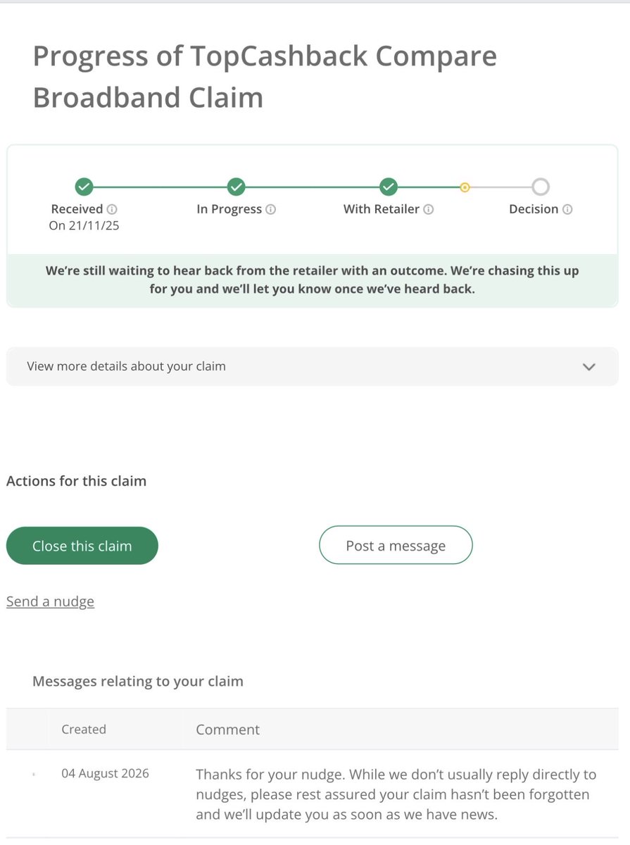 ShilpaKank07's tweet photo. @Top_CashBack My broadband cashback claim has been ‘With Retailer’ since Nov 2025 — that’s 9 months waiting on £199. Nudges get auto-replies but no real update. Can someone please look into this? #CustomerService https://t.co/waXtIV3NHG