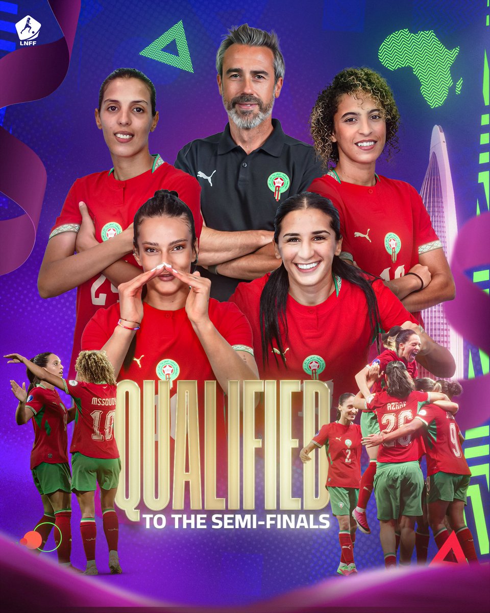 lnff_maroc's tweet photo. إلـى نــصـف نـهــائـي كــأس إفــريـقــيـا 🏆🌍
هنيئًا لمنتخبنا الوطني النسوي على هذا التأهل المستحق! 🇲🇦🔝
Through to the semi-finals! 🏆🌍
Congratulations to our Women’s National Team on reaching the last four! 🇲🇦🔝
#LNFF #LNFFMaroc #WomensFootball 💜🩷 https://t.co/E6gUjrcL39