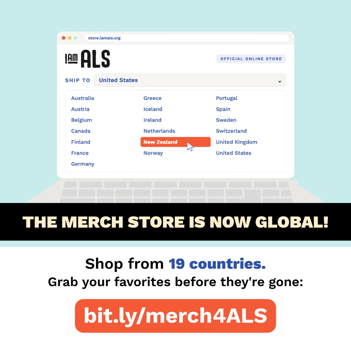 iamalsorg's tweet photo. 🌍 I AM ALS merch just went global!

The online store now ships to 19 countries. Grab your favorites before they’re gone: https://t.co/UflvxQNVmF https://t.co/I2Ge4cfril