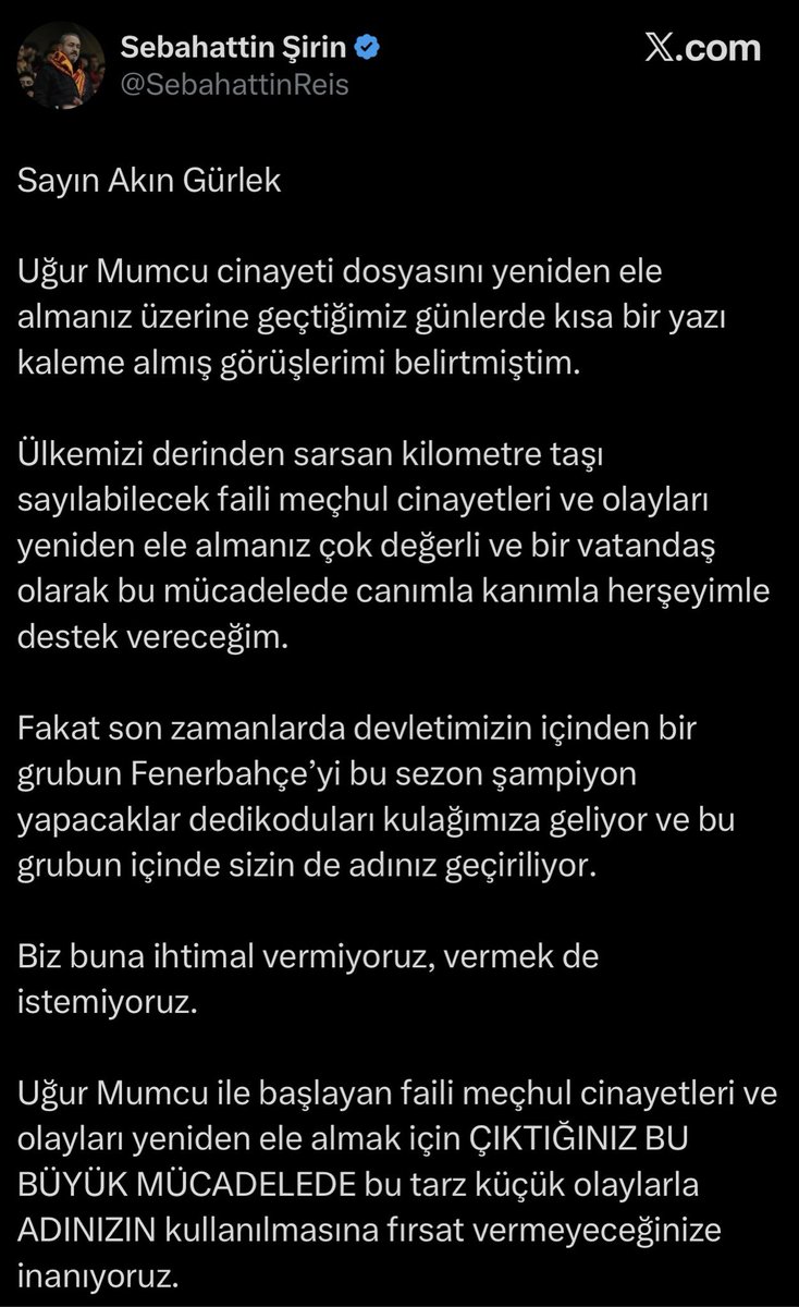 fbcadde_'s tweet photo. Sebahattin Şirin, madem ortaya böyle ağır bir iddia atıyorsun, açıkça soralım: Son 4 yıldır devletin içindeki hangi gruplar Galatasaray’ı şampiyon yapmak istedi ? Madem bu sene “Fenerbahçe’yi şampiyon yapacaklar” diyorsun, o grupların kim olduğunu da açıkla, bilelim.

Ortaya taşı atıp sonra geri çekilme devri bitti. Transfer yapamazsınız, işler istediğiniz gibi gitmez; ardından farklı iddialar ve kaoslarla gündem değiştirmeye çalışırsınız. Artık bu oyunlara kimse kanmaz. İddian varsa açıkça konuş, yoksa Fenerbahçe üzerinden algı yapmayı bırak.