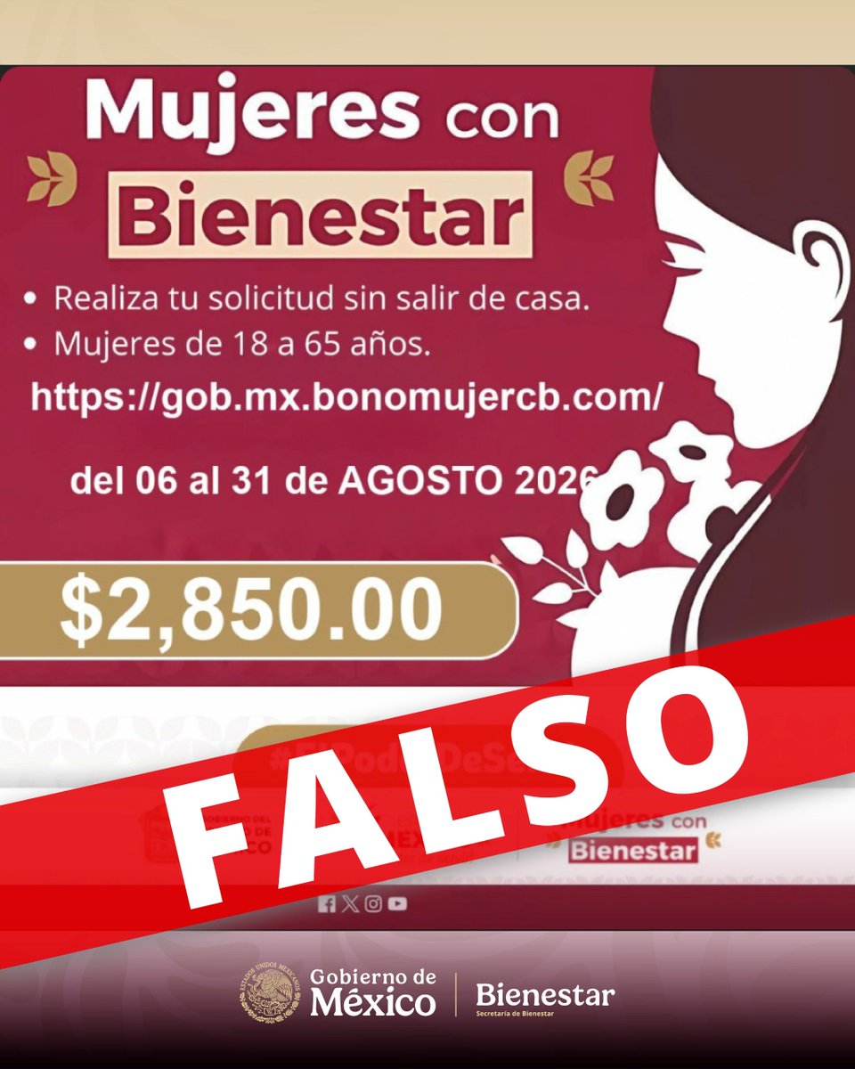 bienestarmx's tweet photo. 🚨 ¡Alerta!
Circula una página falsa que ofrece un supuesto beneficio llamado “Mujeres con Bienestar” para mujeres de 18 a 65 años.

La Secretaría de Bienestar informa que no existe un programa con esas características. https://t.co/uNcHKE7EG3