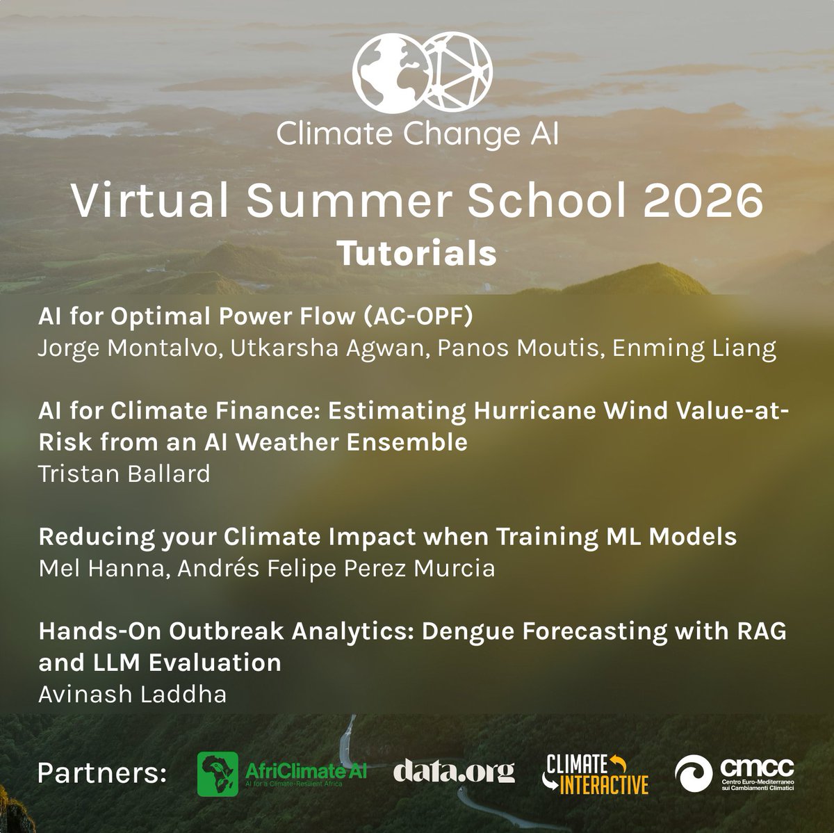 ClimateChangeAI's tweet photo. The Climate Change AI Virtual Summer School 2026 continues with a fourth week of lectures! This upcoming week will feature daily modules on different AI applications, from climate finance to public health.

Learn more: https://t.co/uwScMMkHoR https://t.co/jhxVd166AP