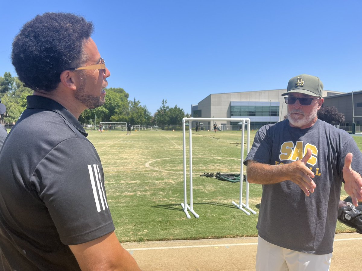 SacBee_JoeD's tweet photo. They don’t get any more spirited and fired up than Jerry Haflich, who set tackling records @SacHornetsFB in 1981/82 and later coached @ARCBeaverBall to championship success. 
He’s chatting it up with @sacstate President @DrLukeWood and then spoke to the Sac State players. https://t.co/LQsp1YA6ye
