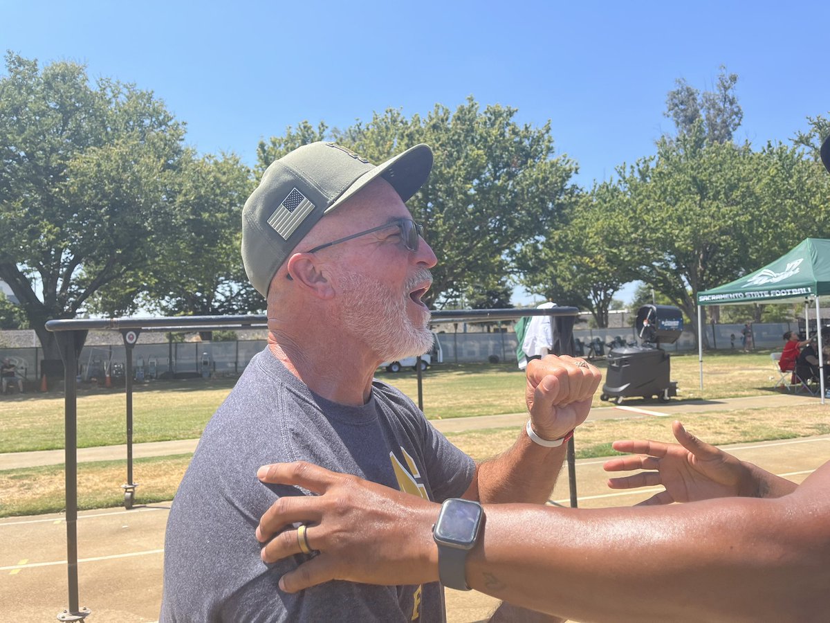 SacBee_JoeD's tweet photo. They don’t get any more spirited and fired up than Jerry Haflich, who set tackling records @SacHornetsFB in 1981/82 and later coached @ARCBeaverBall to championship success. 
He’s chatting it up with @sacstate President @DrLukeWood and then spoke to the Sac State players. https://t.co/LQsp1YA6ye