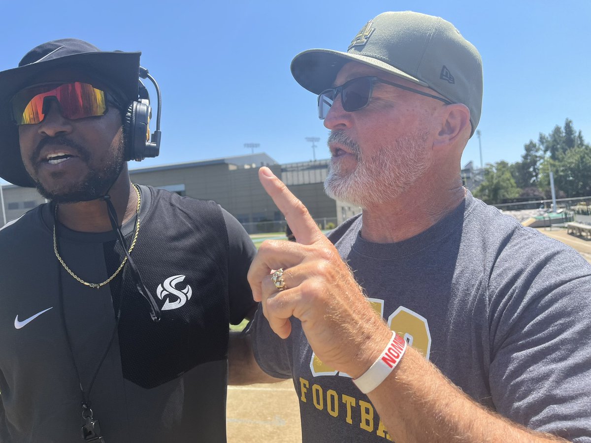 SacBee_JoeD's tweet photo. They don’t get any more spirited and fired up than Jerry Haflich, who set tackling records @SacHornetsFB in 1981/82 and later coached @ARCBeaverBall to championship success. 
He’s chatting it up with @sacstate President @DrLukeWood and then spoke to the Sac State players. https://t.co/LQsp1YA6ye