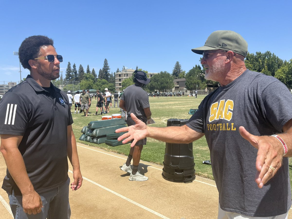 SacBee_JoeD's tweet photo. They don’t get any more spirited and fired up than Jerry Haflich, who set tackling records @SacHornetsFB in 1981/82 and later coached @ARCBeaverBall to championship success. 
He’s chatting it up with @sacstate President @DrLukeWood and then spoke to the Sac State players. https://t.co/LQsp1YA6ye