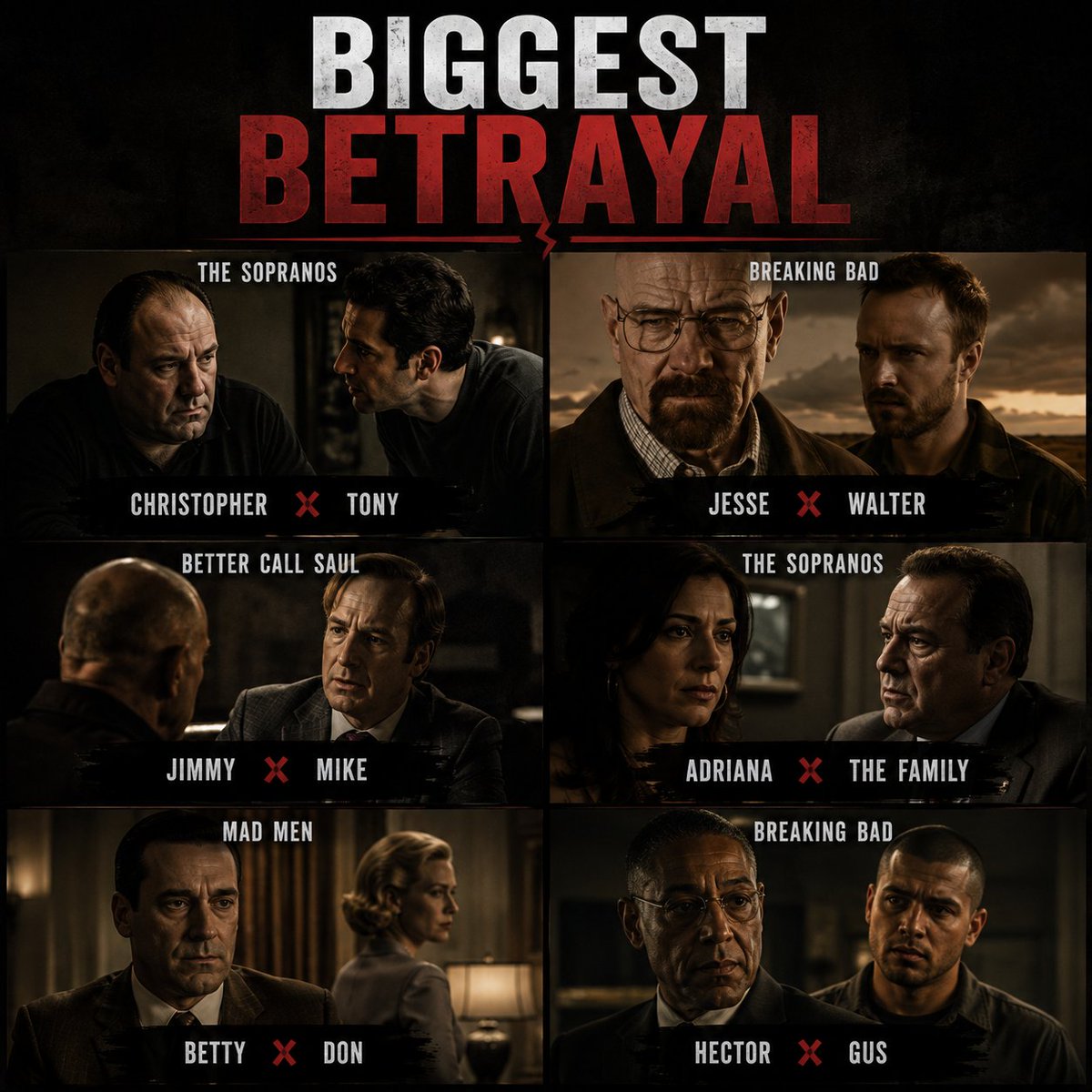 Eddyfisher230's tweet photo. Betrayal hurts most when it comes from someone who knew exactly what you meant to lose.

Some betrayals were about survival. Others were about ambition, fear, or self-preservation but the damage was personal every time.

The Sopranos • Breaking Bad • Better Call Saul • Mad Men

If you had to choose one, which betrayal was the hardest to watch and why?